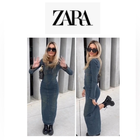 🆕Zara Blue Denim Slit Hem Fitted Long-sleeved Back Zipper Maxi Dress M🆕 - Picture 1 of 16